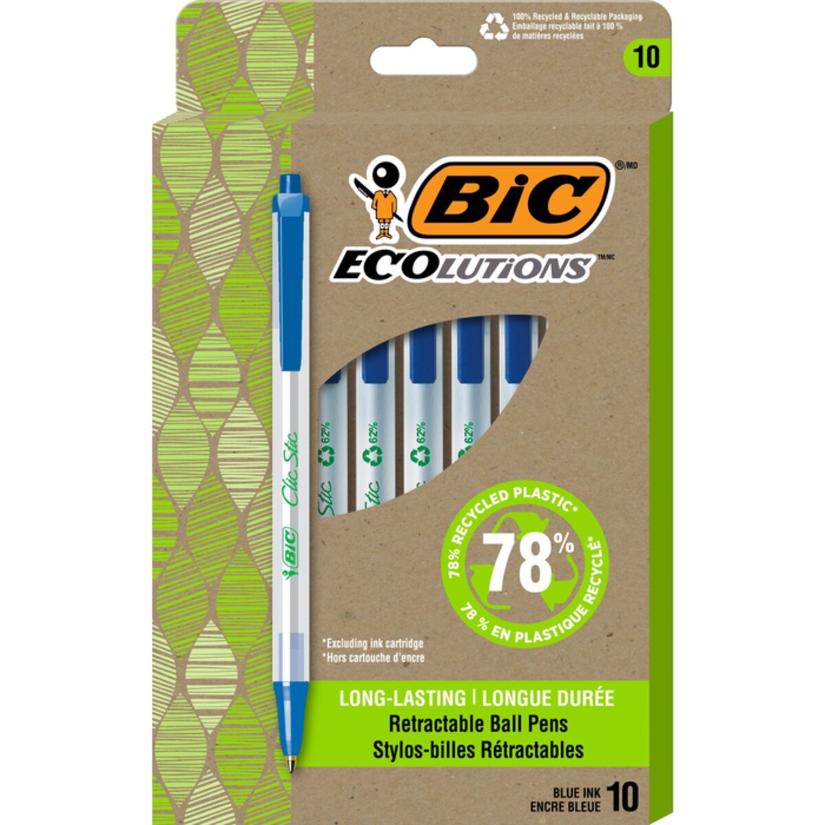 BIC ECOlutions Clic Stic Retractable Ball Pens Medium Blue 10 Count